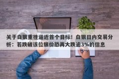 关于白银重挫逼近首个目标！白银日内交易分析：若跌破该位银价恐再大跌逾
